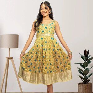Buy Elegant Gold Silk Knee Length Dress | Muvvas Boutique